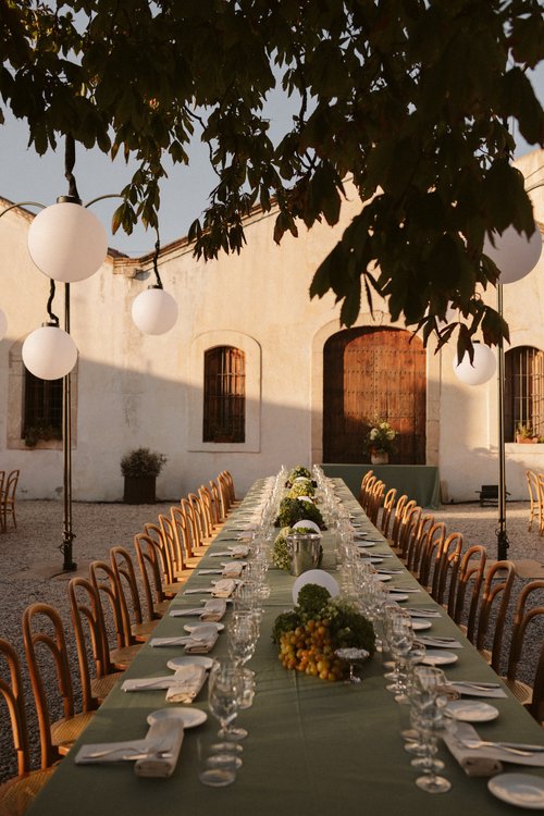 long reception table set for guests at vineyard wedding